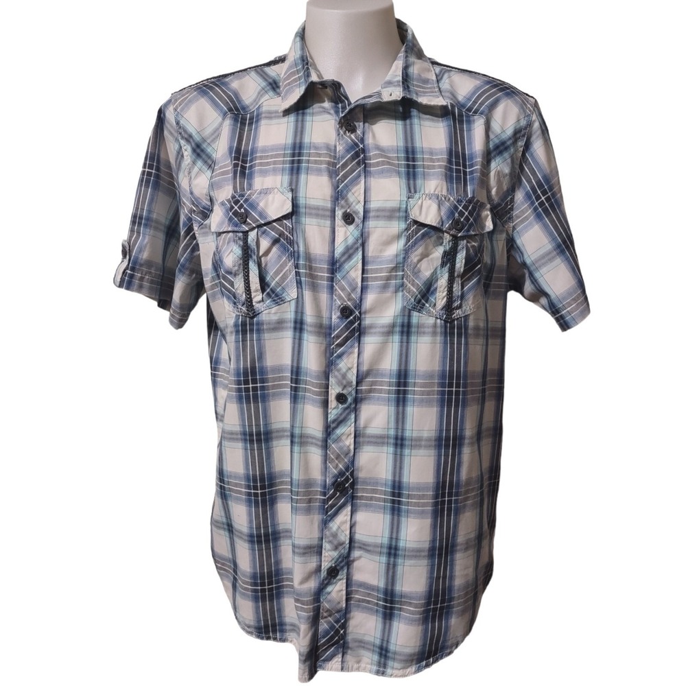 Helix Shirt XXL Men Blue Plaid Western Cabin Gorp Core Athletic Fit Short Sleeve